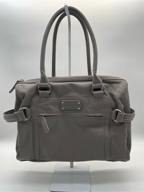 Calvin Klein 100% Cow Leather Light Gray Leather Satchel | Zip Top Shoulder Bag